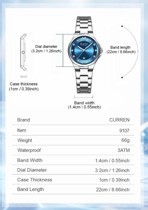 CURREN 9107 Women's Analog Quartz Watch - Silver Blue Curren 9107 watch specifications