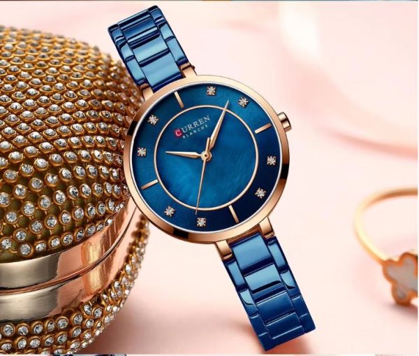 CURREN 9051 Women's Quartz Dress Watch - Golden White Blue watch with rose-gold accents