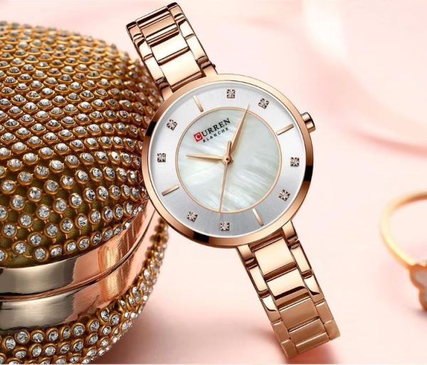 CURREN 9051 Women's Quartz Dress Watch - Golden White Rose-gold rhinestone watch