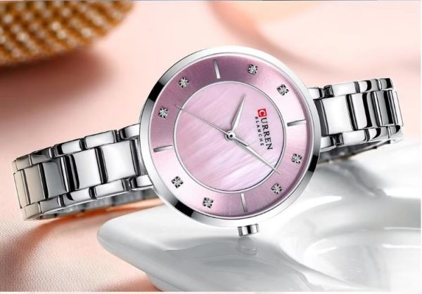CURREN 9051 Women's Quartz Dress Watch - Golden White Pink-dial watch with silver bracelet