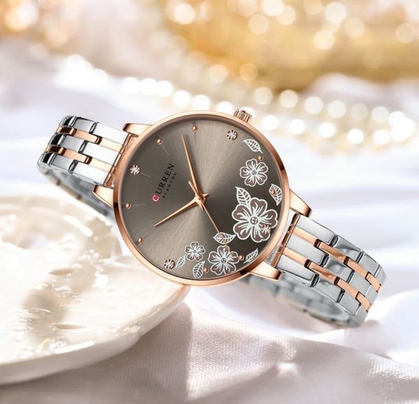 CURREN 9068 Women's Watch - Two-Tone Beige Silver and rose-gold Curren watch with floral design