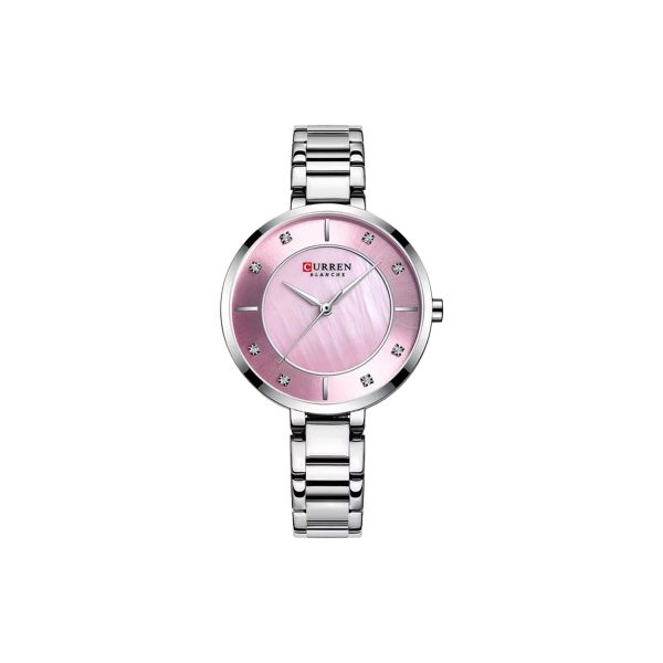 CURREN 9051 Women's Quartz Dress Watch - Golden White Curren watch with pink dial and silver bracelet