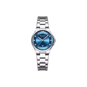 Silver Curren 9107 watch with a blue face